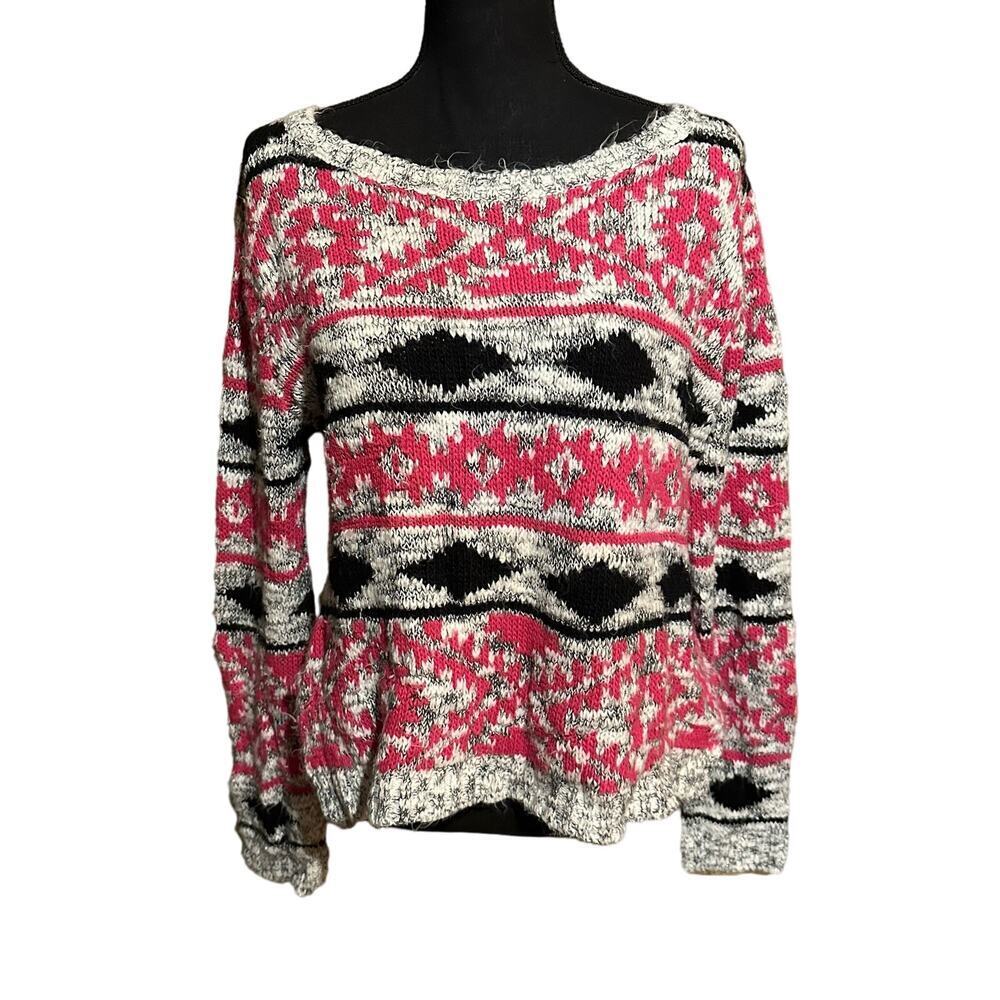 Cache Pink Geometric Knit Fuzzy Boxy Cozy Sweater Women’s  L Large